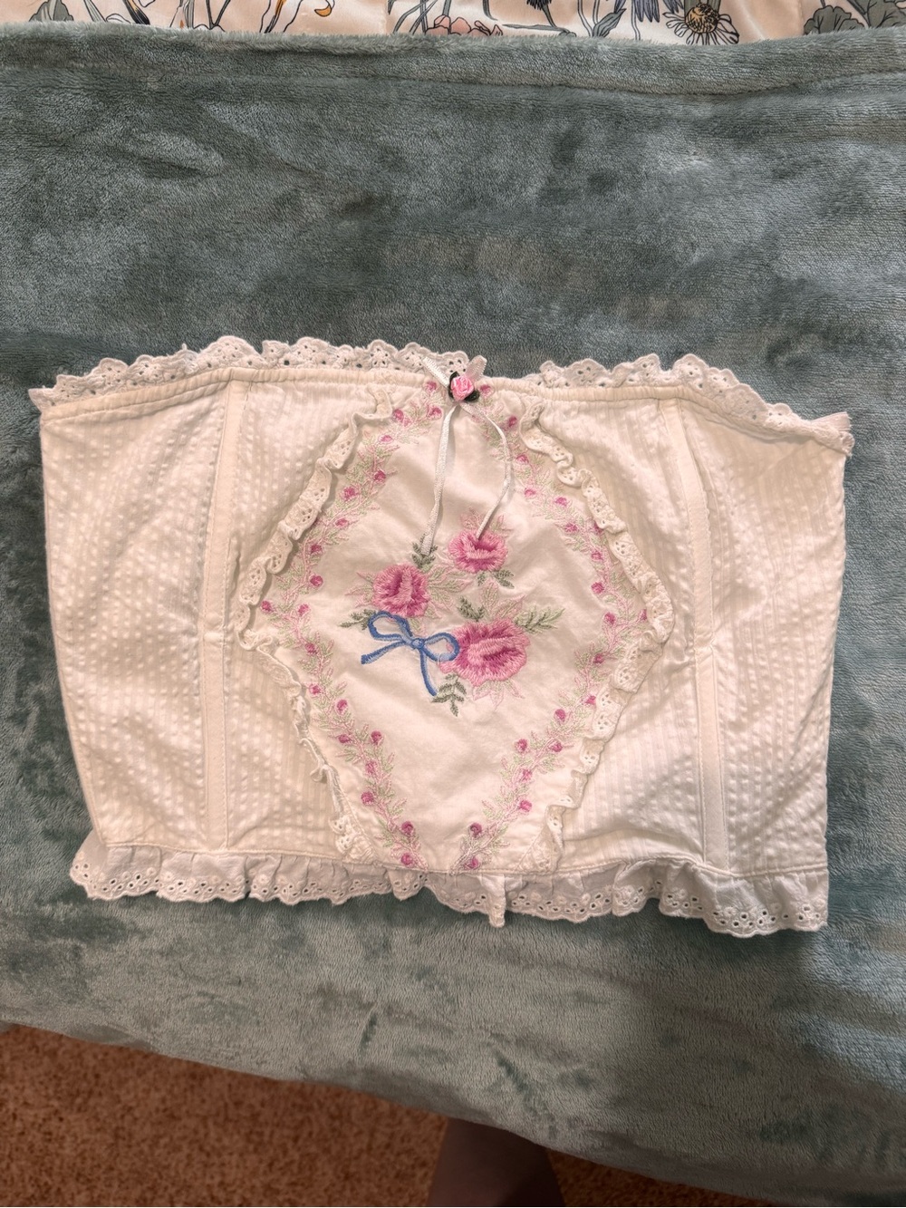 Altar'd State White Embroidered Floral Bustier Crop Top with Pink Roses